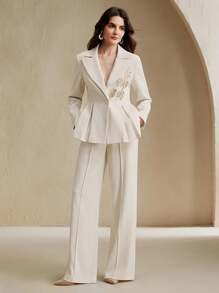 Anewsta Bộ vest 2 món thanh lịch, trang trọng, thêu hạt cườm, thắt eo, tay dài, quần ống loe, thời trang khi đi làm - Màu be - Xem 3