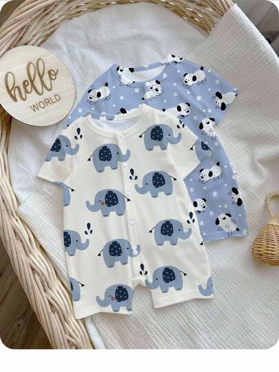 SHEIN Newborn Baby Unisex Cartoon Printed Romper, Suitable For Summer Graphic