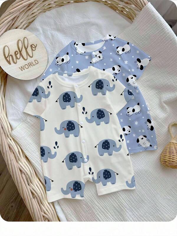 SHEIN Newborn Baby Unisex Cartoon Printed Romper, Suitable For Summer Graphic