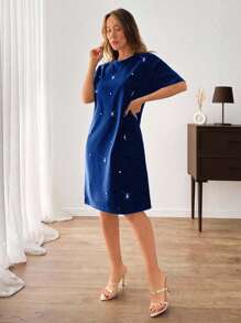 Women Rhinestone Embroidery Detailed Mini Sweat Dress - Blue - View 3