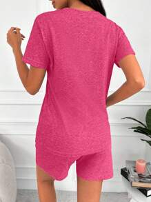 EURMUSE Conjunto de pijama de algodón con gráficos de dibujos animados y lemas - Rosa Fucsia - Ver 2