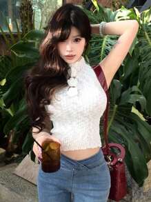 DAZY 優雅蕾絲鉤編針織背心上衣 - 獨特且美麗的短版上衣 - 白色 - 查看 3