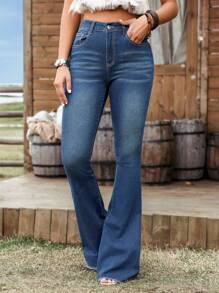 EMERY ROSE 纯色口袋设计紧身时尚喇叭牛仔裤 - 深色水洗藍 - 查看 6