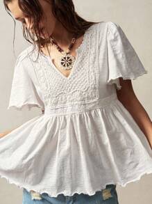 Bohemela 大码女式撞色蕾丝V领荷叶边短袖T恤