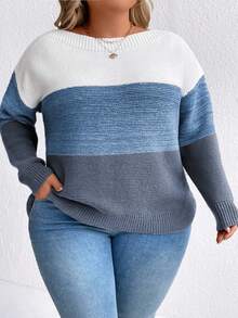 SHEIN CURVE+ 大码女式撞色休闲宽松针织毛衣上衣 - 彩色 - 查看 3