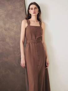 Uhlyne 优雅女士秋季亚麻长裙，配有可拆卸腰带，时尚办公室和度假装，棕色 - 棕色 - 查看 4