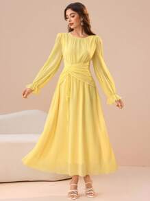 Modelyn 奶油黄色圆领腰部褶饰设计喇叭长袖连衣裙 - 黃色 - 查看 3