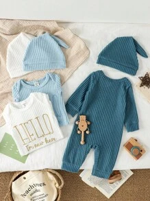 SHEIN 3pcs/Set Baby Boy/Girl Cute Simple Slogan Embroidered Long Sleeve Jumpsuits With Hats,Teal Autumn Matching Family Newborn Suits For 1 Month-2 Years - Multicolor - View 2