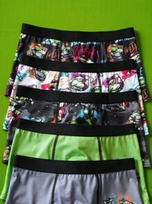 TEENAGE MUTANT NINJA TURTLES | SHEIN 5pcs Tween Boy Black & Green Cool Boy Soft & Comfy Cute Cartoon Turtle Printed Underwear,Basic Casual Briefs - Multicolor - View 4