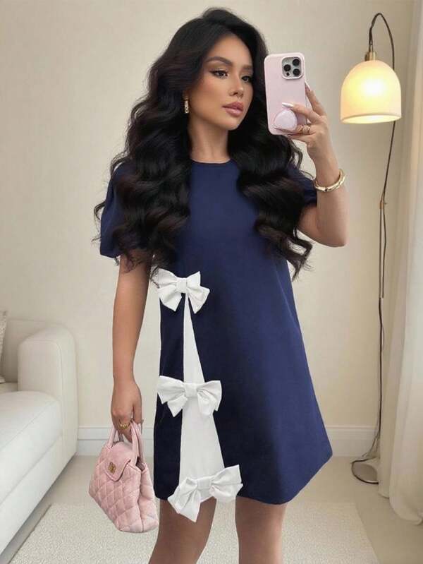Islaluna Elegant French Style Romantic Dating & Casual Black Dress With Bow Decor, Contrast Hem, Round Neck, Lantern Short Sleeve, Non-Stretch, Suitable For Spring And Summer Bow Dress Navy Blue Dress Dress With Bows Elegant Bow Dress