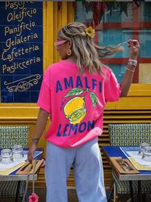 SHEIN LUNE 大码女式字母和柠檬印花宽松圆领蝙蝠袖 T 恤，休闲夏季 - 玫紅色 - 查看 3