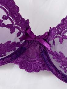 5件套性感蕾丝刺绣透视女士内衣套装，紫色