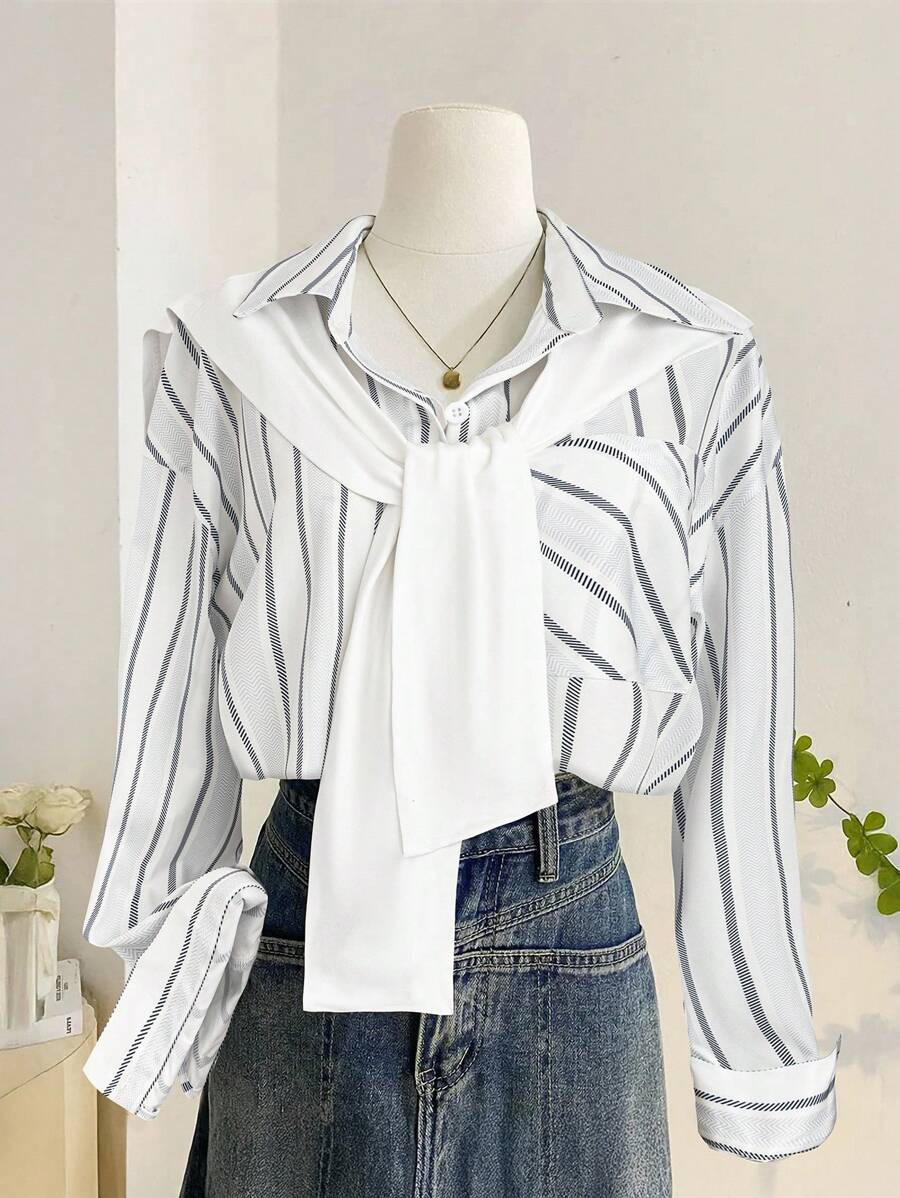 SHEIN Franclia Camisa feminina casual de manga comprida com estampa listrada e botões frontais, versátil - Cinza claro - Ver 1