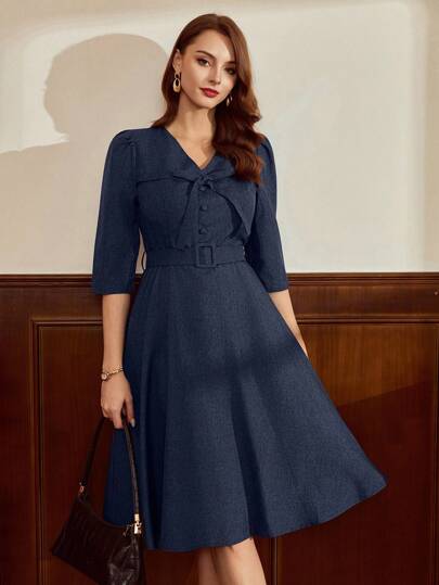 Vintamour Vestido de mujer elegante y clásico vintage, para otoño/invierno, ajustado, con lazo decorativo en la parte delantera, manga 3/4, azul marino, falda en línea A