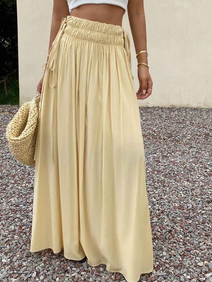 Livesso Women's Summer Elastic Waist Drawstring Decor Skirt Vacation - Yellow - View 1