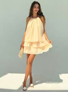 Aloruh Date Night Outfits Women Apricot Cute Vacation Halter Tie Ruffle Hem Mini Skater Dress For Women - Apricot - View 3