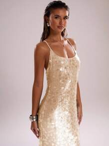 SHEIN BAE Mùa hè gợi cảm tuyệt đẹp màu xanh bạc hà sequins Boho bãi biển trang phục đi nghỉ hòa nhạc cho phụ nữ váy cổ yếm mùa hè, trang phục mùa hè cho phụ nữ, trang phục câu lạc bộ phụ nữ gợi cảm, váy đi nghỉ lấp lánh, váy dự tiệc - Màu be - Xem 5