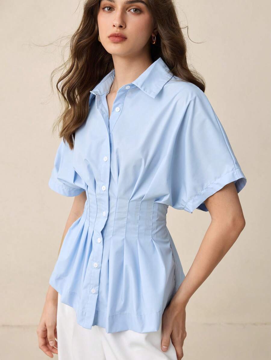 BizChic 女士蓝领腰部条纹束腰前扣肩袖衬衫衬衫，基本款城市通勤简约优雅时尚商务休闲，适合办公室、教师、婚礼嘉宾、音乐会 - 藍色 - 查看 1