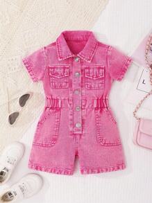 SHEIN Baby Girls' Fashionable Soft Washed Sleeveless Jumpsuit Shorts, Casual Vacation Street , Pink, Lightweight Summer - Pink - View 1