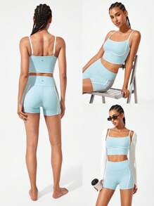 GLOWMODE FeatherFit™ 双色圆领长款运动内衣，低冲击瑜伽日常穿着 - 水藍色 - 查看 8