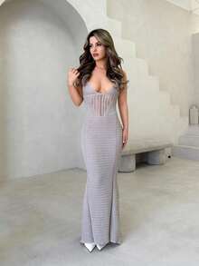 Jemour 優雅深V領空心細肩帶綁帶露背修身鉤針編織連衣裙 - 卡其色 - 查看 1