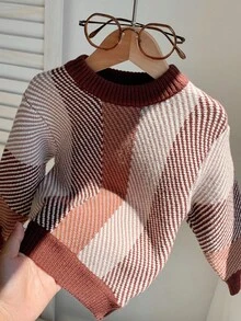 SHEIN Suéter de Tricô de Manga Longa com Gola Careca, Estampa Colorida em Contraste, Macio e Confortável, Adequado para Uso Casual Diário, Interno, Externo, Esportes, Festa, Ensaio Fotográfico, Volta às Aulas, Streetwear, Halloween, Primavera/Verão/Outono/Inverno - Castanho - Visão 6