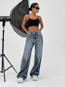 EURMUSE 100% Cotton HIGH RISE WIDELEG FIT VINTAGE WASH WOMEN BAGGY JEANS - Light Wash - View 3