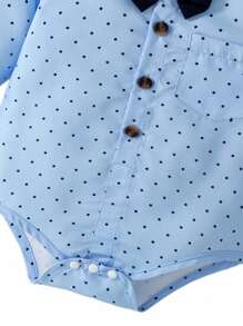 SHEIN 2pcs Baby Boys Romper Outfit Set: Light Blue Polka Dot Bodysuit With Navy Blue Bow Tie Collar And Button Front, Paired With Adjustable Navy Blue Bib Overalls. Suitable For Weddings, Birthdays, And Other Celebrations Fall Winter - Multicolor - View 5
