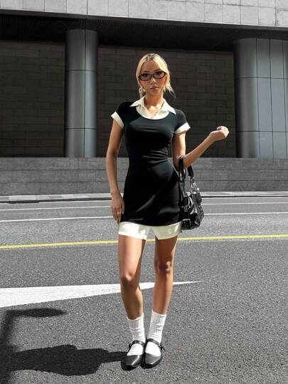 SHEIN Teen Girl Fitted Casual Minimalist Comfortable Color Block Asymmetrical Hem 2 In 1 Dress