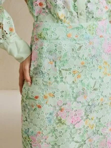 Anewsta 女士优雅花卉蕾丝镂空褶皱鱼尾下摆修身半身裙，夏季穿搭 - 綠色 - 查看 5