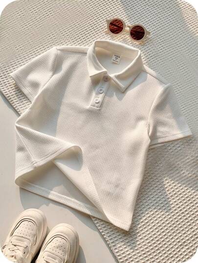 1pc Young Boy White Short-Sleeved Polo Shirt,Textured Fabric Casual Summer 80s Retro College Style,Back-To-School Kids Sports Top For School Events