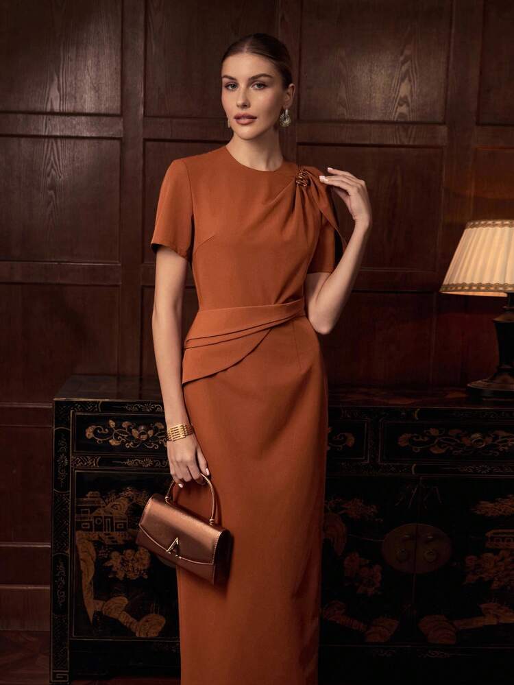 ZEYLAH ROUND NECK SHORT SLEEVE TWIST WAIST DRESS, ELEGANT EARLY AUTUMN DRESS