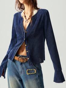 Bohemela 大码休闲复古纽扣前喇叭袖T恤 - 藏蓝色 - 查看 3