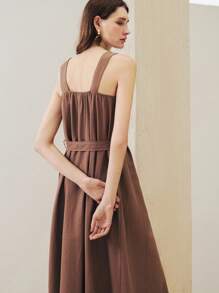 Uhlyne 优雅女士秋季亚麻长裙，配有可拆卸腰带，时尚办公室和度假装，棕色 - 棕色 - 查看 6