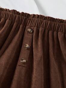 Sparklyn 少女休闲图案字母印花落肩宽松运动衫和纸袋腰仿麂皮迷你裙套装，秋季 - 棕色 - 查看 5