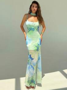 Aloruh Date Night Outfits Women Women's Floral Print Spaghetti Strap Ruffle Hem Maxi Dress With High Slit, Blue Green Color, Suitable For Vacation, Date, Party - Multicolor - View 6