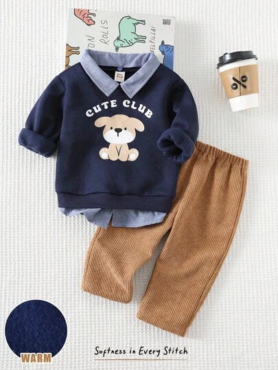 Cozy Pixies 2 件套男婴卡通小狗图案针织柔软撞色领长袖连帽衫和纯色松紧腰抽绳裤套装