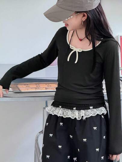 Dazy Kids 青少年女孩长袖休闲T恤，带蝴蝶结装饰