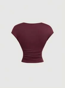 SHEIN MOD Elegant Scoop Neck Ruched Slim Fit Burgundy T-Shirt, Summer,Burgundy Cowl Neck Top For Wedding Guest Party, Soft Stretch Knit Fabric, Quiet Luxury Old Money Style, Slim Fit Draped Short Sleeve Top, Elegant Cocktail Party Outfit For Reception, Date Night, Holiday Gathering, Formal Evening Wear - Burgundy - View 2