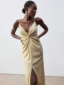 Maija 女式卡其色 V 领前扭纹肩带可调节春夏波西米亚休闲宽松连衣裙，双 V 型开衩设计，柔软舒适，百搭狂欢装，适合节日、热带假期、乡村音乐、伊比萨风格 - 杏色 - 查看 6