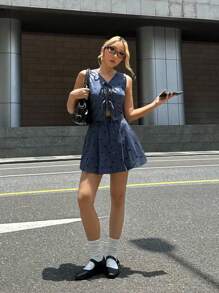 SHEIN Casual & Comfortable Butterfly Decor Top And Mini Skirt 2Pcs Set For Teen Girls