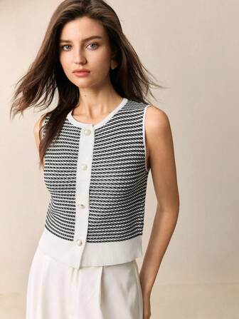 BizChic 2022 Sommer Neu Metall Schnalle Jacquard Strick Weste für Frauen, elegante und vielseitige Freizeitkleidung geeignet für Musikfestival, Party, Hochzeit, Brunch, Stadtverkehr, Date, Frühling/Sommer