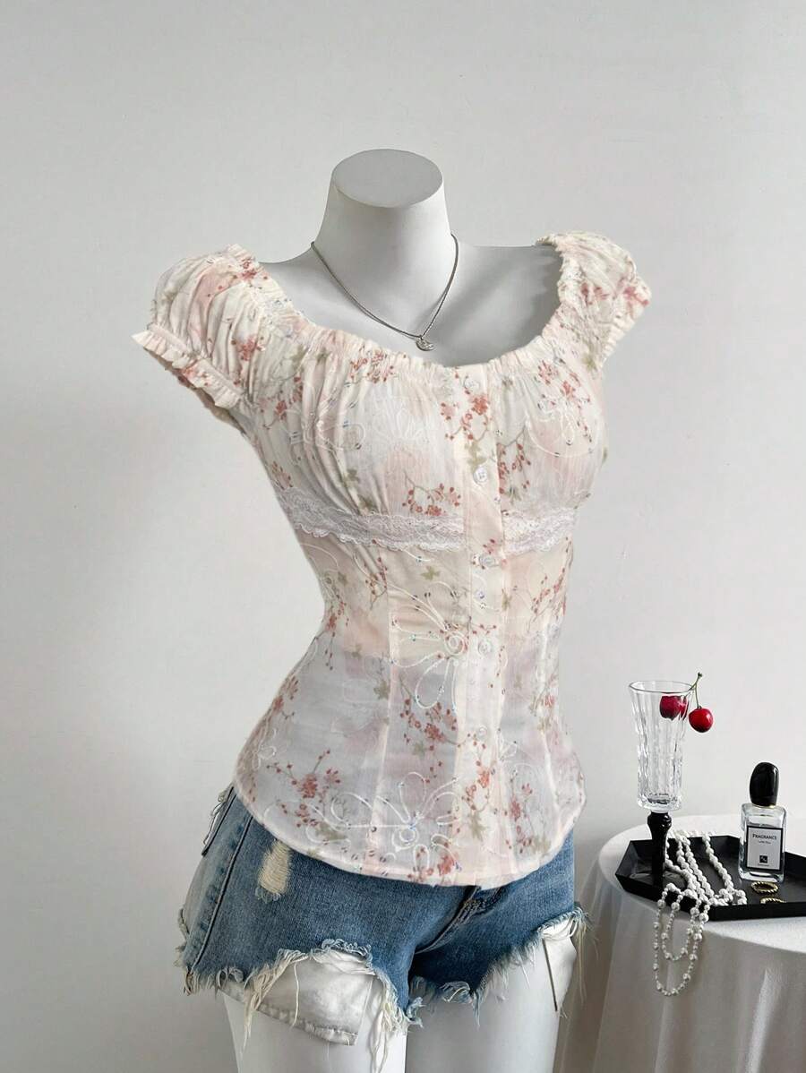 SHEIN Unity Áo cánh tay ngắn ôm vừa vặn cổ vuông thêu ren hoa sequin thiết kế cổ điển kiểu Pháp cho mùa hè - Nhiều màu - Xem 1