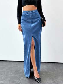 EURMUSE Women's Solid Color High Slit Pocket Elegant Denim Mini Skirt - Teal Blue - View 5
