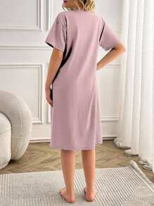 EURMUSE Women Contrast Colour Cute Animal Prints Basic Homewear Sleepdress - Coral Pink - View 2