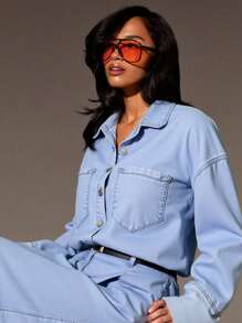 SHEIN Tall Women's Basic Fall Casual Washed Wide Leg Denim Jumpsuit Business Casual Woman Denim Jumpsuit Light Blue Denim Jumpsuit - Blue - View 4