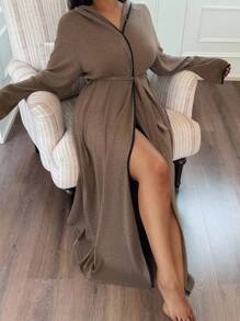 SHEIN 柔软针织连帽家居服，大码休闲浴袍，睡衣舒适优雅，适合秋冬季节穿着。 - 咖啡棕 - 查看 9