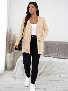 SHEIN LUNE Áo len cardigan nữ màu trơn cỡ lớn có túi cho ngày lễ - Màu be - Xem 5