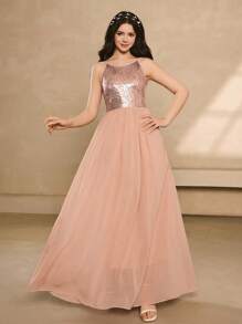 Vestido elegante de niña con flores para boda, para adolescentes, todas las estaciones - Vestido sin mangas con lentejuelas para mediados/largos, vestido de princesa elegante para niñas antes de los exámenes - Rosa - Ver 1