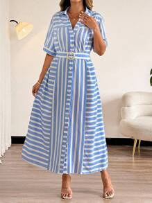 Vionelle 大码女式条纹纽扣衬衫裙